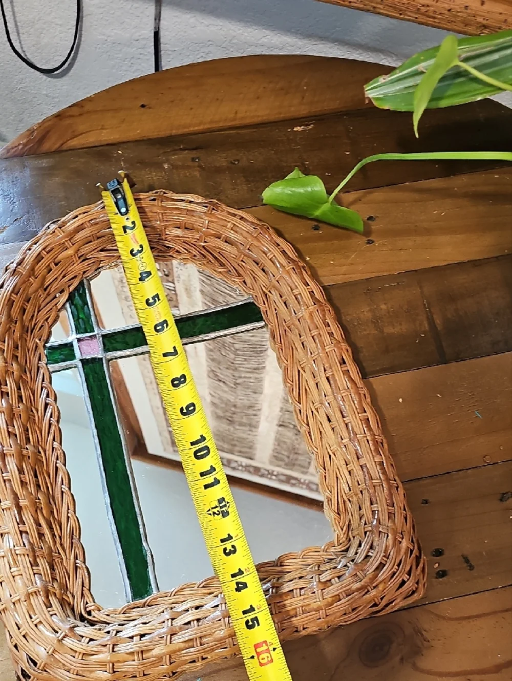 Woven Rattan Framed Mirror with Green Stained Glass Accent16
